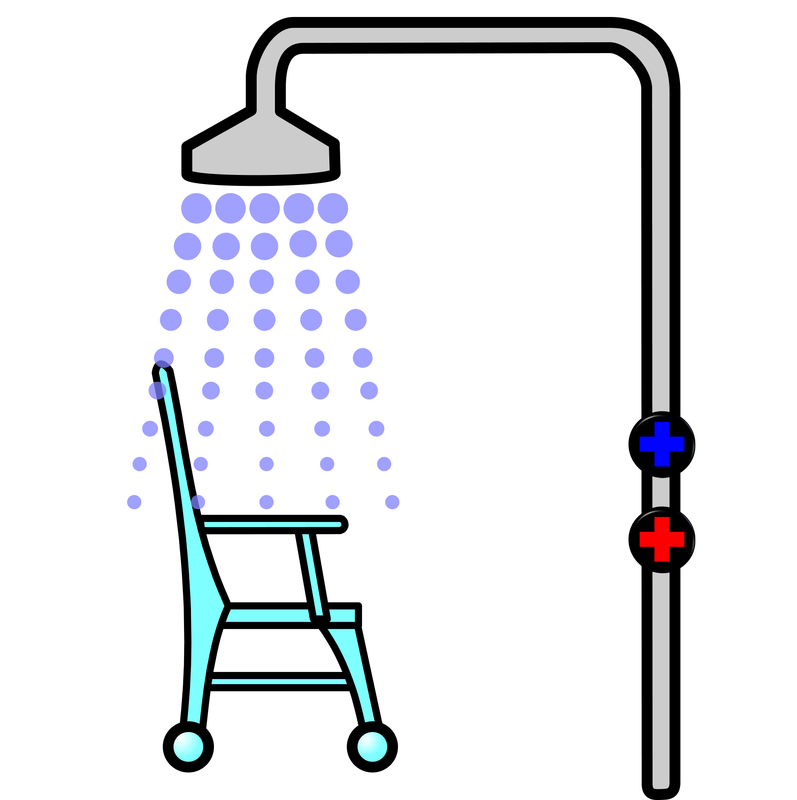 a light blue shower chair with wheels and arms. it is under a running shower that has a cold and a hot tap.